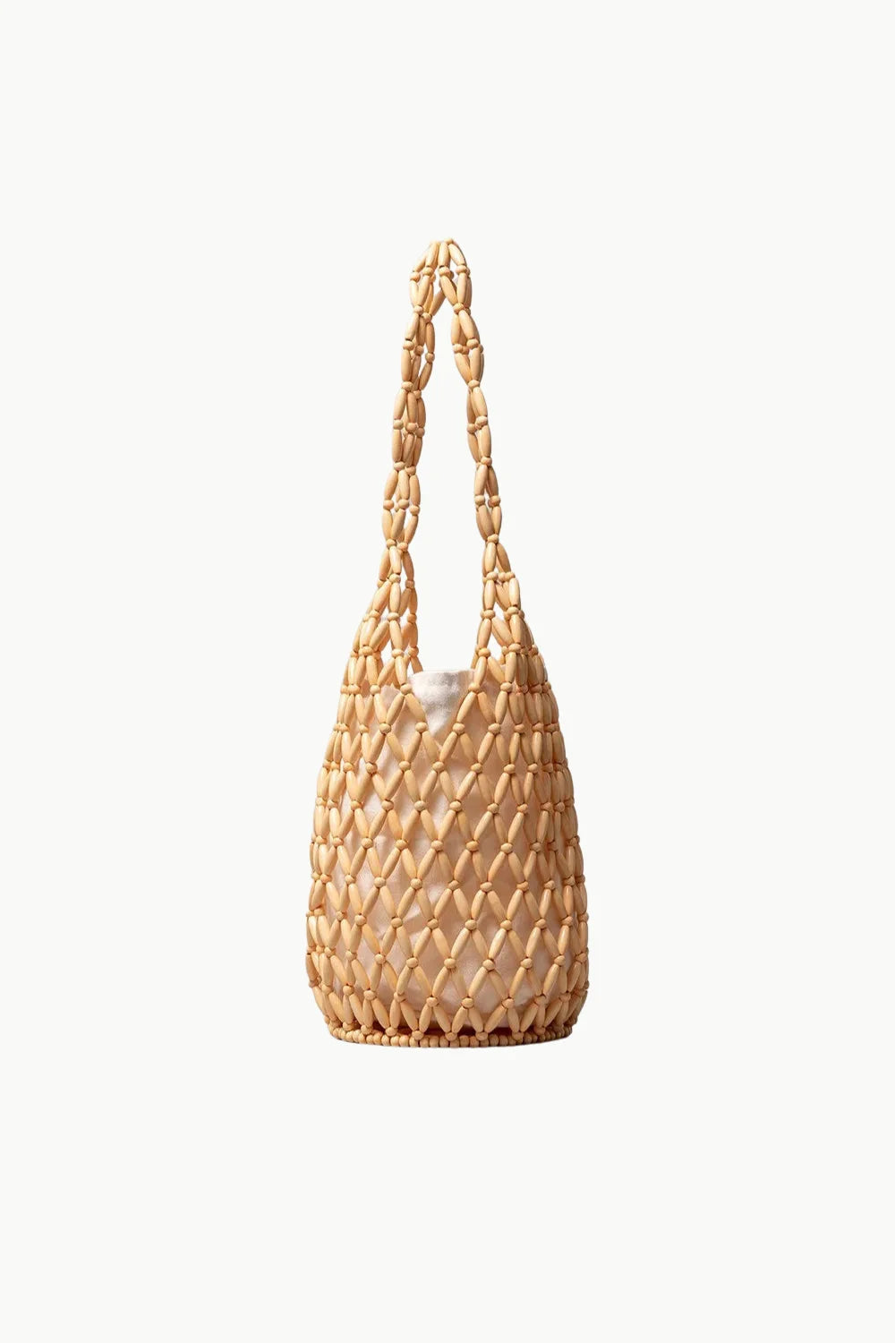 Light brown woven straw tote bag with white fabric lining, perfect beaded tote bag