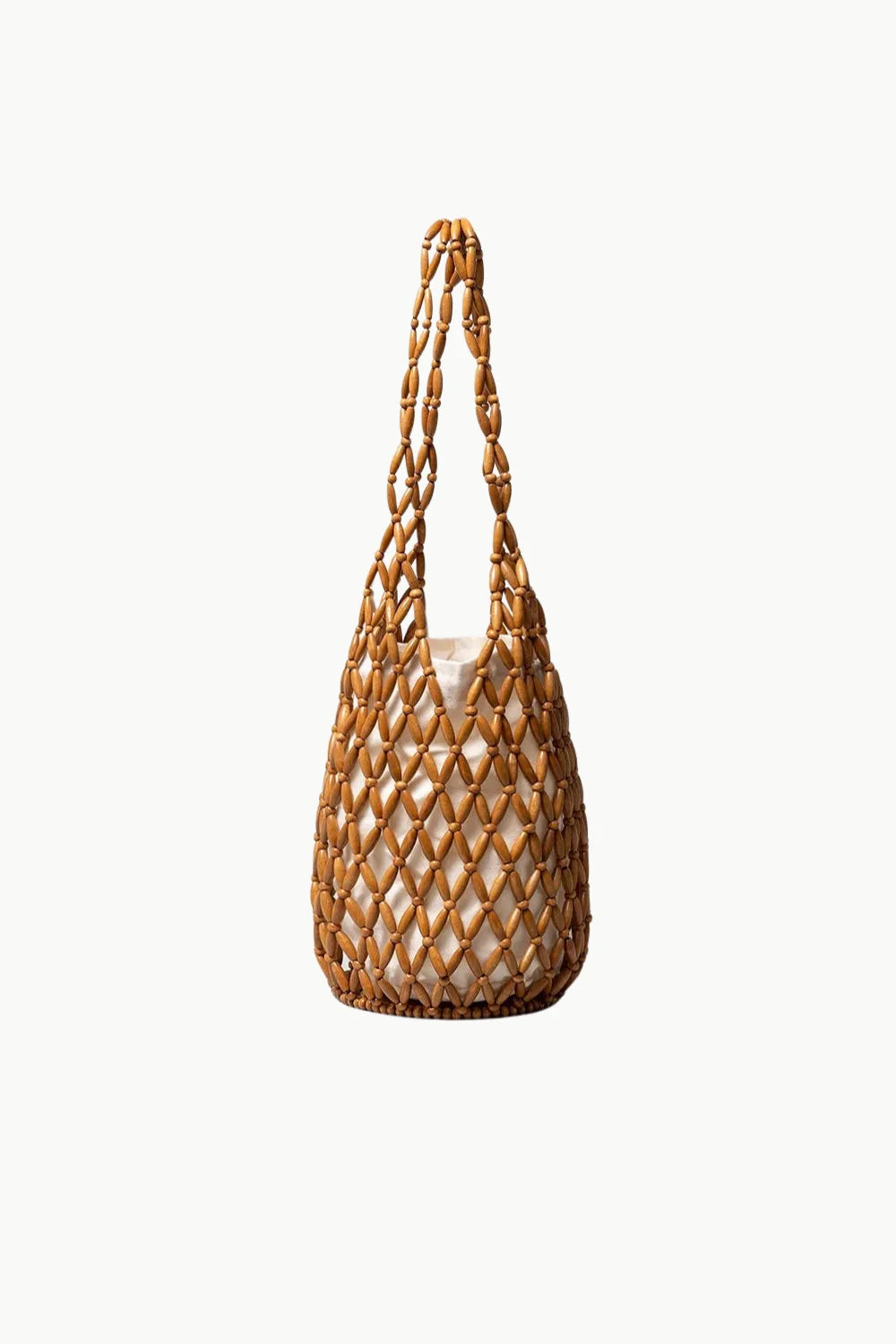 Woven brown beaded tote bag with white lining, stylish beaded tote bag accessory