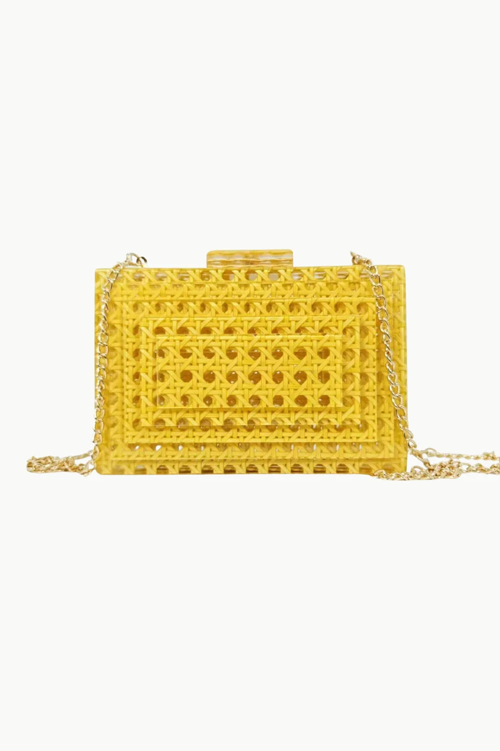 Bright yellow beaded clutch bag with woven rattan pattern and gold chain strap