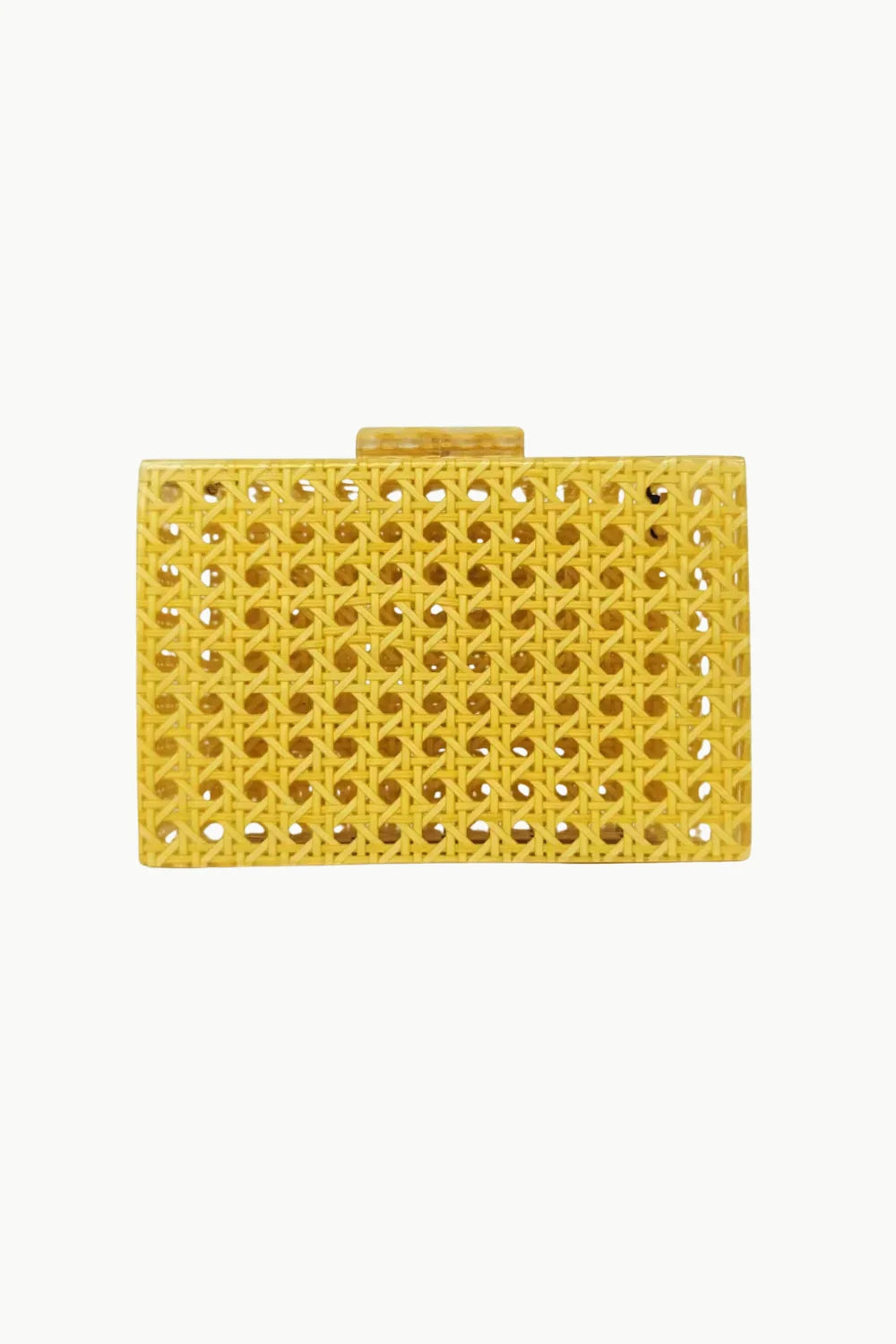 Yellow beaded clutch bag with cane weaving pattern and light brown clasp