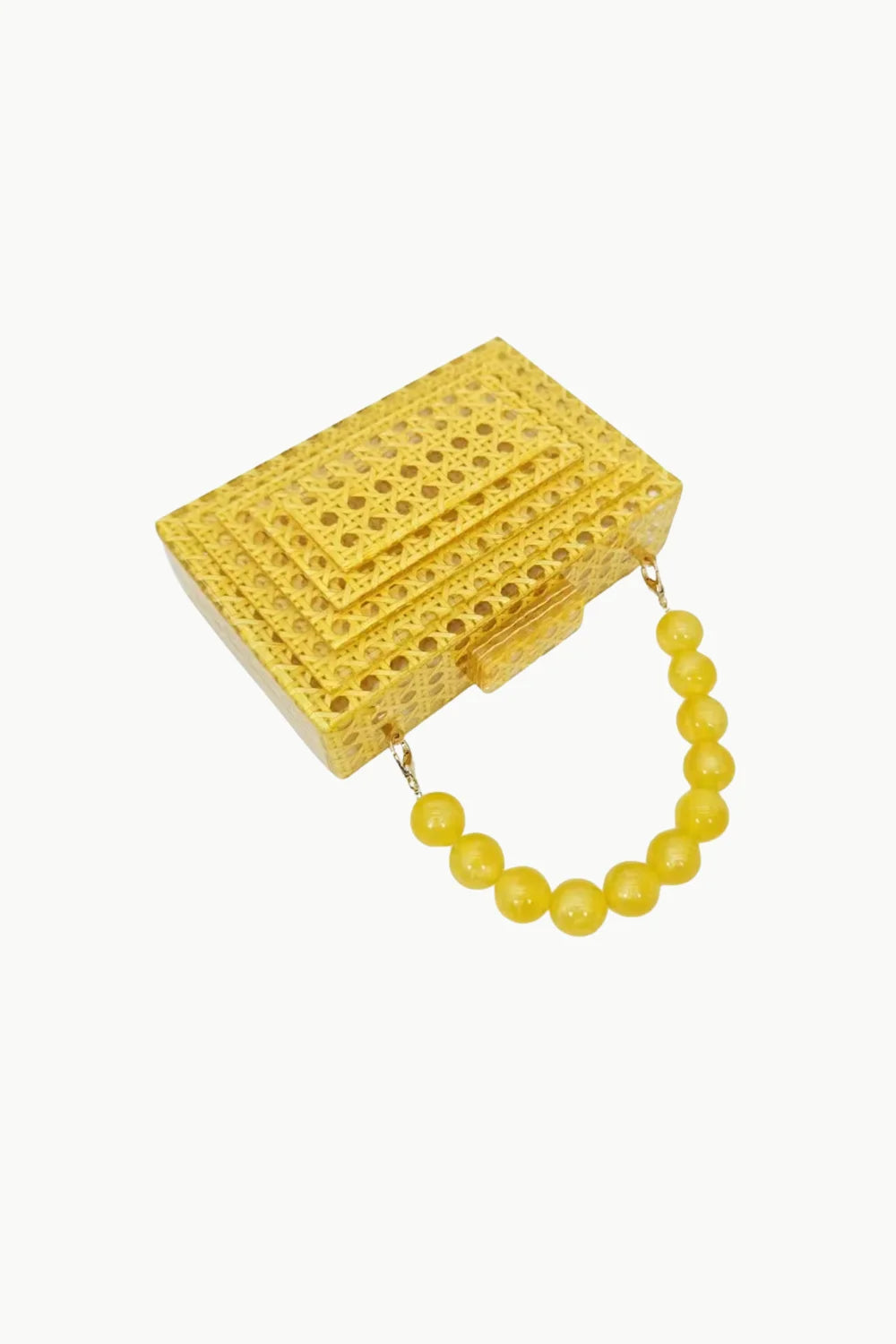 Yellow Beaded Clutch Bag with cane-weave texture and beaded handle for elegant style