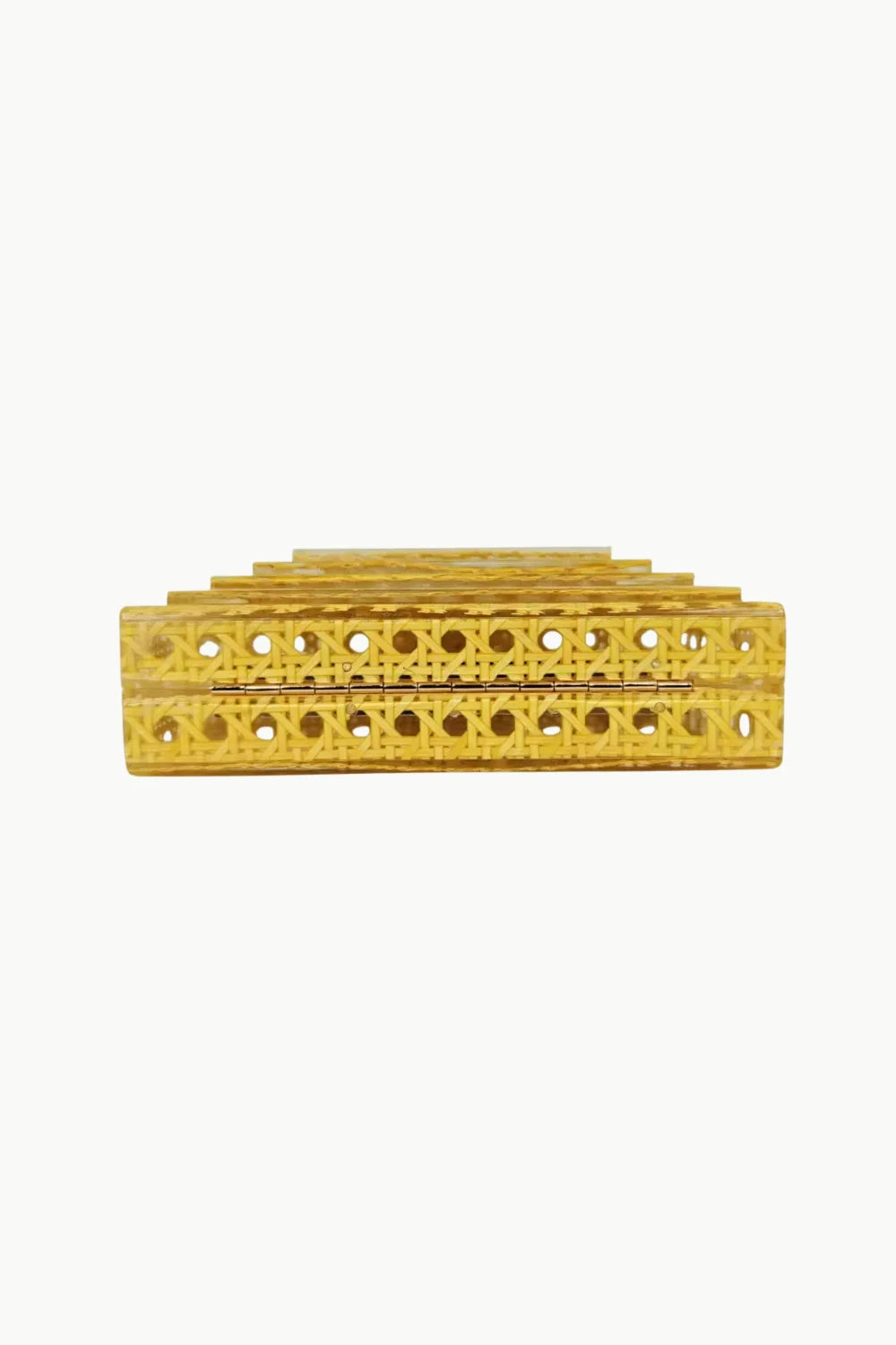 Golden tiered woven cane pattern on yellow beaded clutch bag for stylish accessories