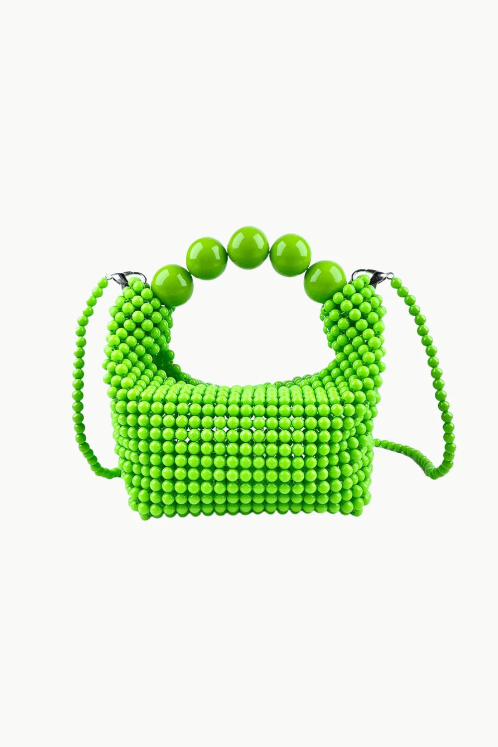 Vibrant lime green beaded handbag with top handle and detachable shoulder strap