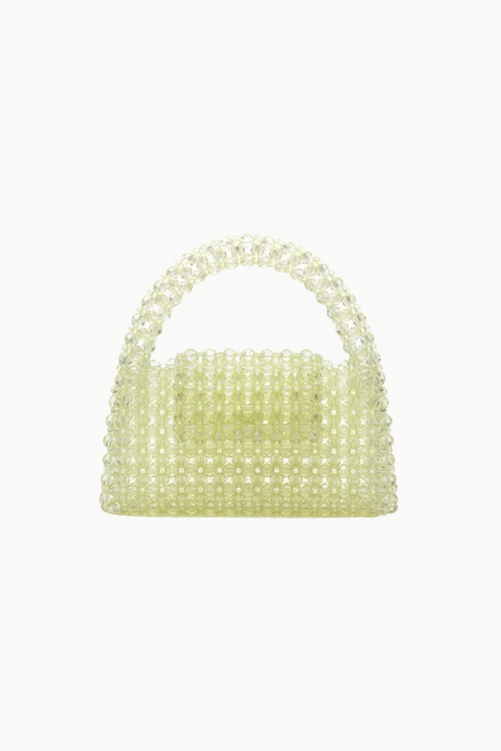 Light green beaded handbag with rounded top handle, stylish yellow beaded purse accessory