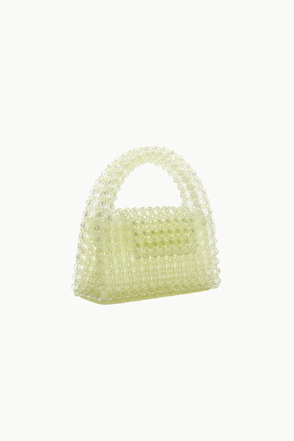 Translucent light green beaded handbag with top handle, part of the yellow beaded purse collection